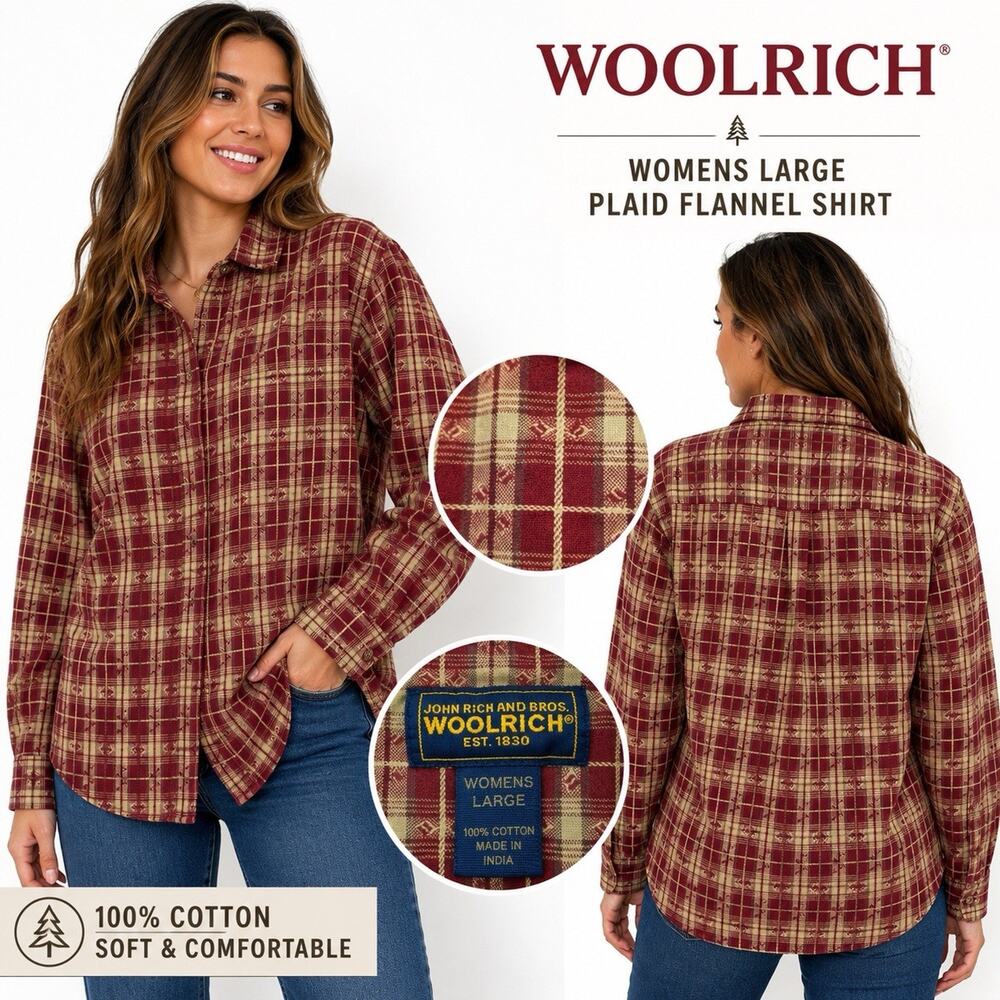 Woolrich Shirt Womens Large Burgundy Plaid Flannel Cotton Button Up Outdoor